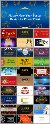Slide deck showcasing new Year poster designs, featuring fireworks, champagne, decorations, and festive themes.