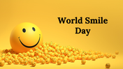 World Smile Day slides with yellow smiley faces, history, benefits, fun facts, activities, charts, and text holders.
