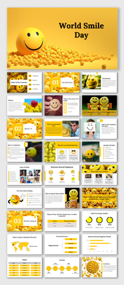 World Smile Day slides with yellow smiley faces, history, benefits, fun facts, activities, charts, and text holders.