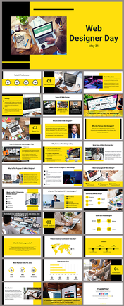 Web designer day slide deck layout showcasing information on web design career and industry insights topics.
