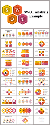 Slides showcasing SWOT analysis layouts, using vibrant colors like orange, red, yellow, and pink to highlight key concepts.