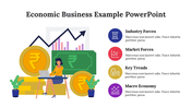 A business PowerPoint slide showcasing economic concepts with coins, banknotes, and charts, including four topics.