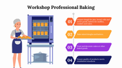 Professional baking workshop slide with a baker holding pastries, oven illustration, and four colorful step-by-step tasks.