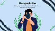 An illustration celebrating Photography day with a person holding a camera and surrounding film strips and leaves.