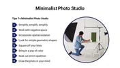 Split layout with a circular image of a photo studio on the right and a list of eight tips on the left in blue text blocks.