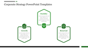 Corporate strategy PowerPoint template with green boxes and icons with placeholder text.