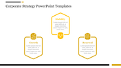 Corporate strategy slide featuring three categories growth, stability, and renewal with related icons and descriptions.