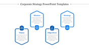 Blue themed corporate strategy slide with sections for Vision, Mission, Strategy, and Objectives, each with relevant icons.