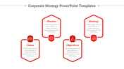 Corporate strategy slide with four red hexagons labeled vision to strategy, each paired with relevant red icons.