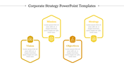 Corporate slide with four yellow outlined hexagons containing titles, icons, and descriptions for business strategies.
