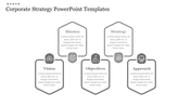 Slide design showing five gray hexagons aligned horizontally with icons and strategy related titles.