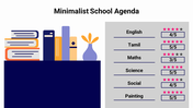 Minimalist agenda template with books and a vase alongside a performance chart with star ratings for school subjects.