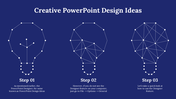 PowerPoint slide showcasing creative design ideas with steps illustrated by geometric lightbulb patterns on a blue theme.