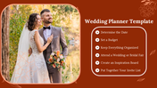 A couple in wedding attire surrounded by autumn foliage, with a checklist for wedding planning.