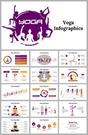 Yoga infographics slide deck showcasing poses, benefits, and tips with colorful charts, silhouettes, and figures.