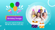 Birthday design with balloons, gifts, and a group of children in party hats celebrating with a cake, on a teal backdrop.