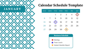 Calendar schedule template for January with color coded events such as meetings, team lunches, and report submissions.