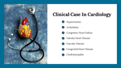 A stethoscope wrapped around a heart model on a blue background, with a list of cardiology conditions on the right.