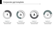 Corporate PowerPoint slide with four circular icons representing finance, team, user, and computer, with captions.