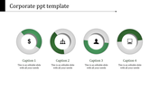 Corporate PowerPoint slide featuring four icons representing finance, team, user, and computer, with green highlights.