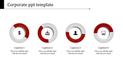 Corporate slide with four red and gray circular icons, each containing symbols and captions placed below.