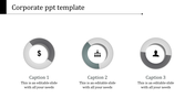 Corporate template featuring three circular icons dollar sign, chart, and user icon with captions areas beneath.