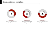 Corporate PowerPoint template with red and white circular icons for finance, management, and user profiles with captions.