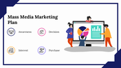 Illustration of people analyzing charts on a screen with four circular icons representing marketing steps on the left.