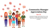 A vibrant graphic for Community Manager Appreciation day slide featuring a diverse group of individuals with icons of love.