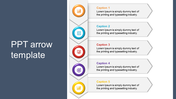 Arrow slide showing five steps with circular icons and text, arranged vertically in orange, blue, red, purple, and yellow.