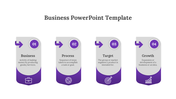 Purple themed layout showing four rounded vertical panels with icons, text, and arrows in sequence.