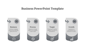 Four gray vertical panels with rounded tops, icons, and text for business steps on a white background.