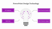 PowerPoint design technology slide with lightbulb graphic and four strategy ideas in the purple box.