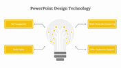 PowerPoint design technology slide with lightbulb graphic and four strategy boxes in yellow.