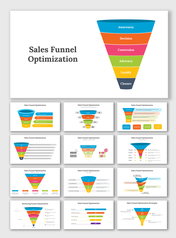 A colorful sales funnel diagram PPT slides illustrating key steps from awareness to closure in different layout designs.