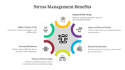 Illustrative stress management benefits slide featuring color coded icons and text descriptions on a white backdrop.
