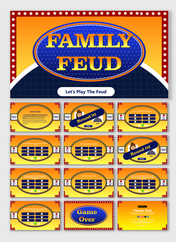 A pack of slides designed for Family Feud game, featuring a bold blue and yellow theme with interactive scoreboards.
