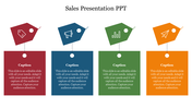 Sales template with four colored sections featuring icons of a tag, megaphone, bar chart, and paper plane.