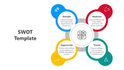 Colorful SWOT template featuring Strength, Weakness, Opportunity, and Threat sections with icons and descriptions.