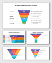 Candidate acquisition funnel slides graphic with stages from awareness to marketing each colored distinctly with description.