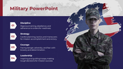 Military-themed slide with a soldier in camouflage and a U.S. flag background alongside four text blocks.