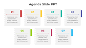 Agenda slide with seven numbered sections, each with text fields, designed in colorful tabbed paper style elements.