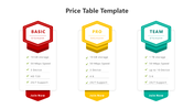 Price table template with three vertical pricing plans labeled each featuring a price, benefits list, and join button.