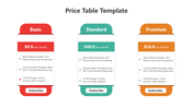 Template with three subscription plans in red, green, and orange, each featuring pricing, features, and a button.