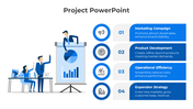 Project PPT slide showcasing four key strategies marketing, product development, efficiency, and expansion with blue icons.