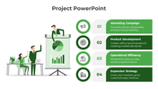 Project PPT slide showcasing four strategies marketing, development, efficiency, and expansion with green visuals.