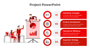 Red themed infographic with four steps, icons, and a bar chart presentation featuring people collaborating in an office.