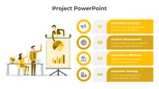Project PPT slide showcasing four key strategies marketing, product development, efficiency, and expansion with yellow icons.