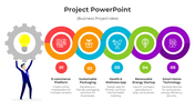 Project PowerPoint template featuring a person holding a gear with a light bulb and five colorful sections for business ideas.