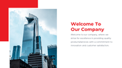 Welcome to our company slide featuring a modern skyscraper and an introduction text on the right with red accents.